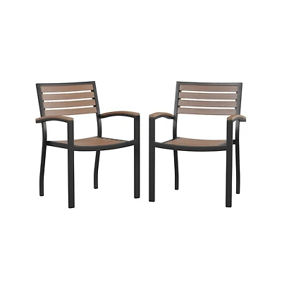 Set Of Two Aluminum Stacking Chairs With Faux Teak Slatted Back And Seat And Faux Teak Accented Arms