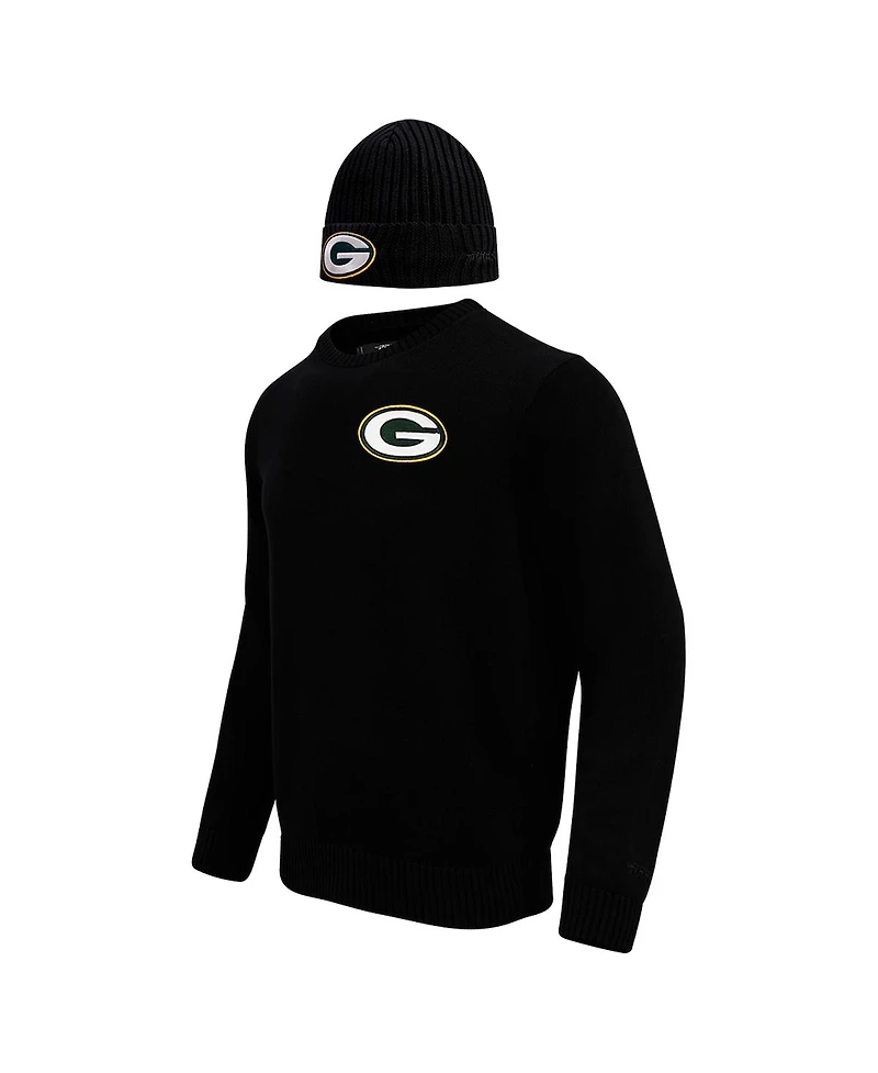 Men's Pro Standard Black Green Bay Packers Crewneck Pullover Sweater and Cuffed Knit Hat Box Gift Set