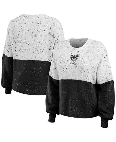 Women's Wear by Erin Andrews White, Black Brooklyn Nets Color-Block Pullover Sweater