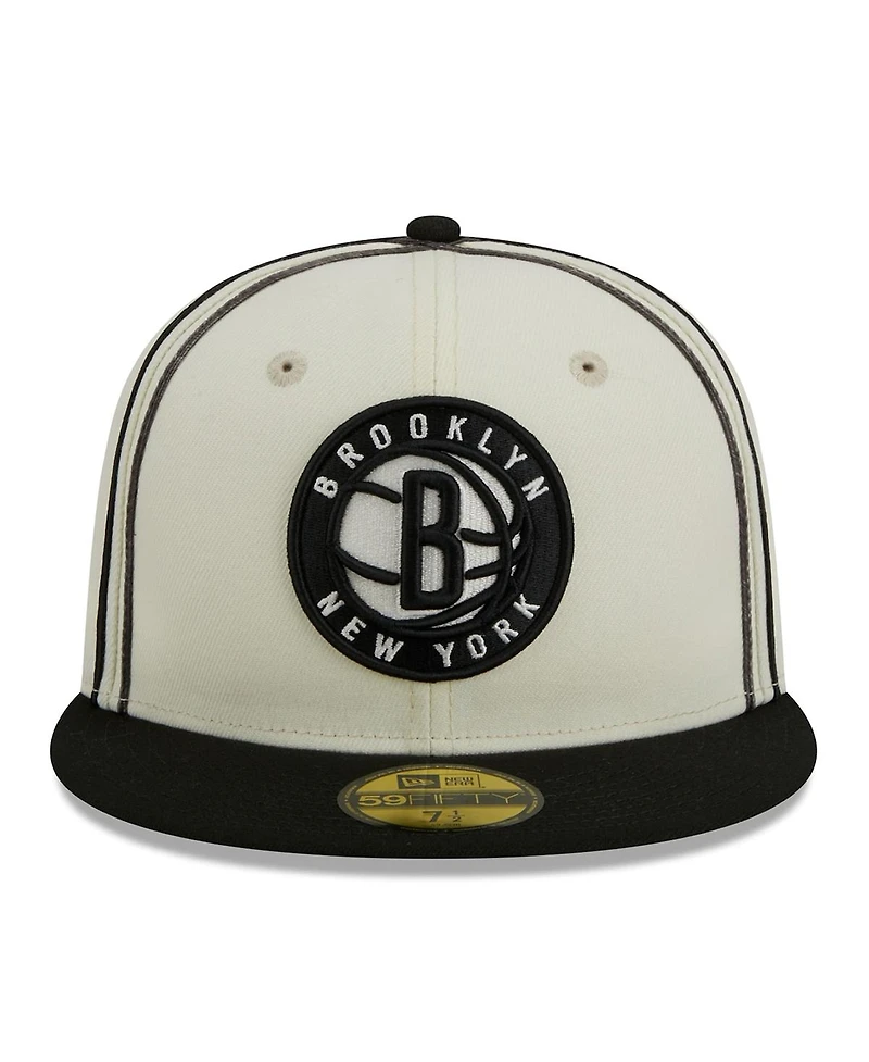 Men's New Era Cream, Black Brooklyn Nets Piping 2-Tone 59FIFTY Fitted Hat