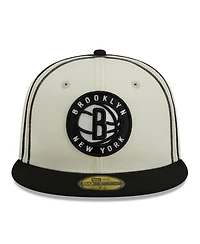 Men's New Era Cream, Black Brooklyn Nets Piping 2-Tone 59FIFTY Fitted Hat