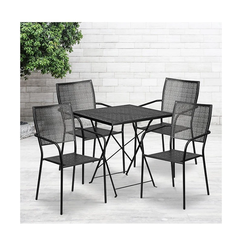 Commercial 28" Square Metal Folding Patio Table Set W/ 4 Back Chairs