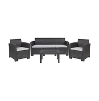 Vivian 4 Piece Faux Rattan Patio Furniture Set With 2 Chairs And Sofa With Removable Beige Cushions And Table