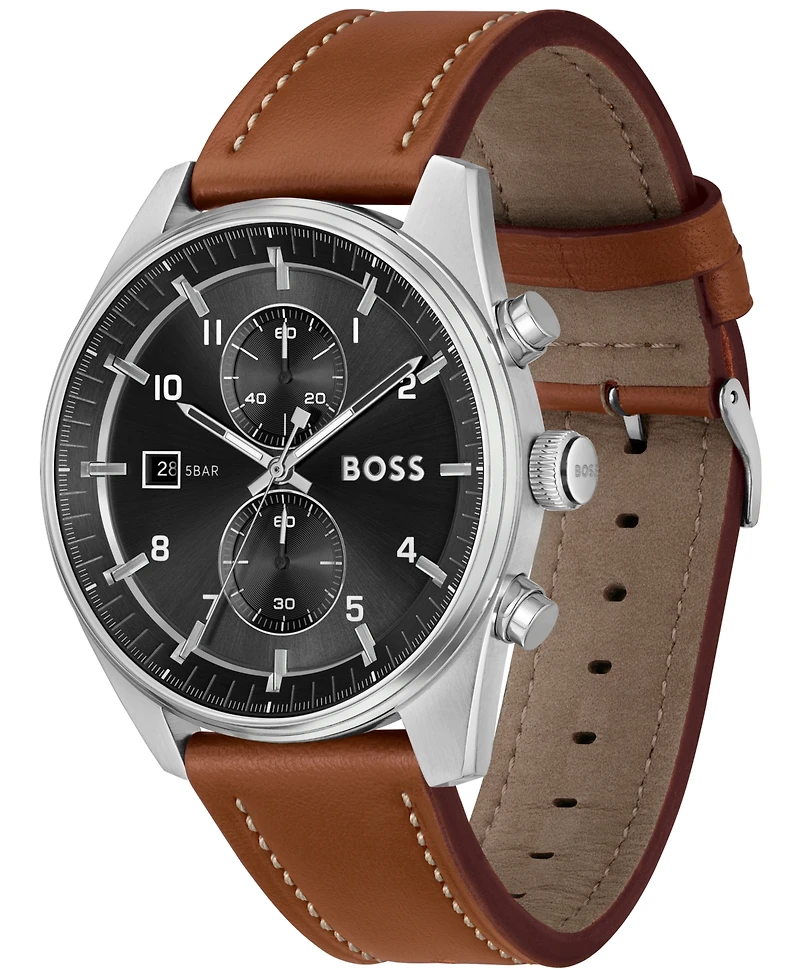 Hugo Boss Men's Skytraveller Quartz Fashion Chrono Leather Watch 44mm