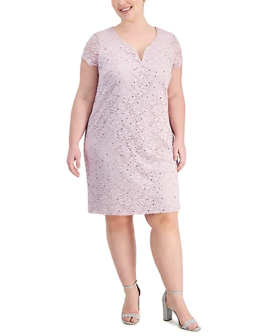 Connected Plus V-Slit-Neck Sequin Lace Sheath Dress
