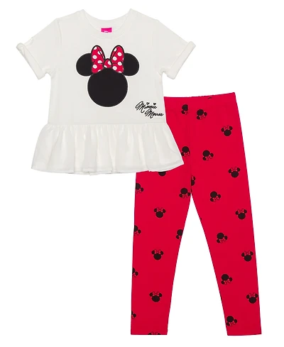 Disney Little Girls Minnie Head Bow Short Sleeve Top and Leggings, 2 Piece Set