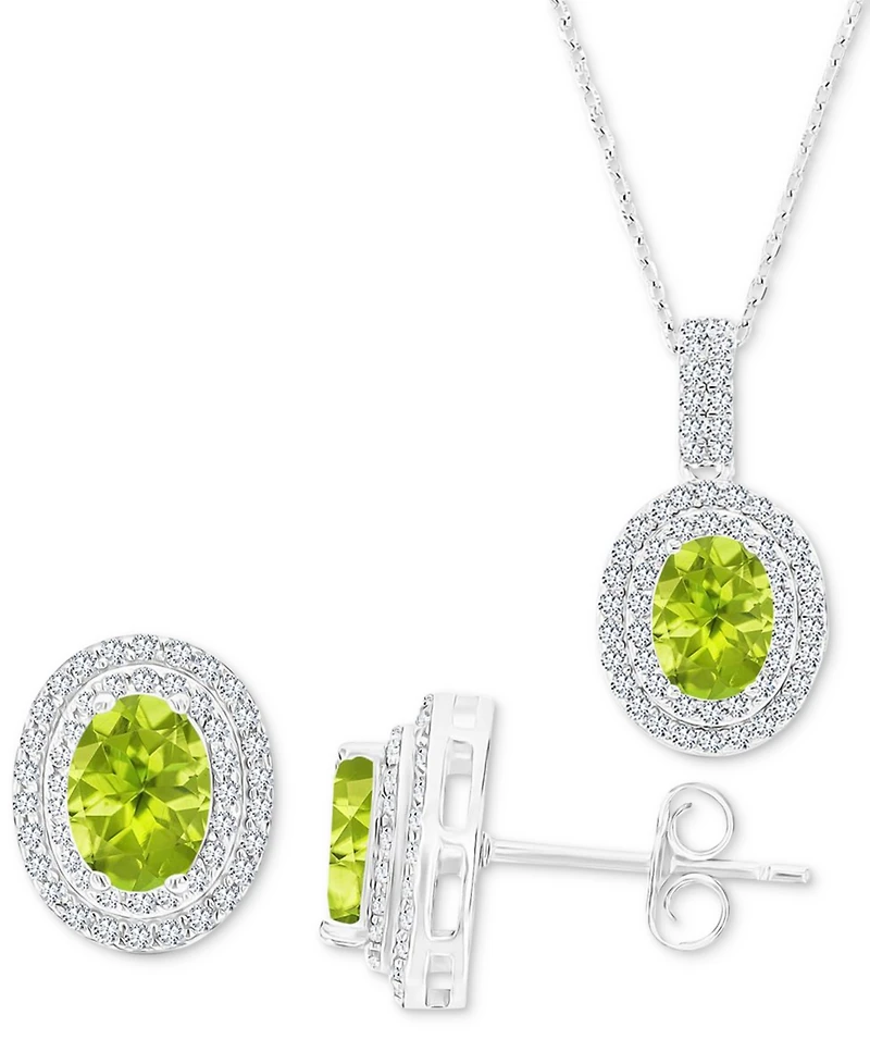 2-Pc. Set Peridot (2-1/6 ct. t.w.) & Lab-Grown White Sapphire (1-1/10 ct. t.w.) Oval Halo Pendant Necklace & Matching Stud Earrings in Sterling Silver