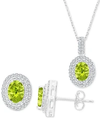 2-Pc. Set Peridot (2-1/6 ct. t.w.) & Lab-Grown White Sapphire (1-1/10 ct. t.w.) Oval Halo Pendant Necklace & Matching Stud Earrings in Sterling Silver