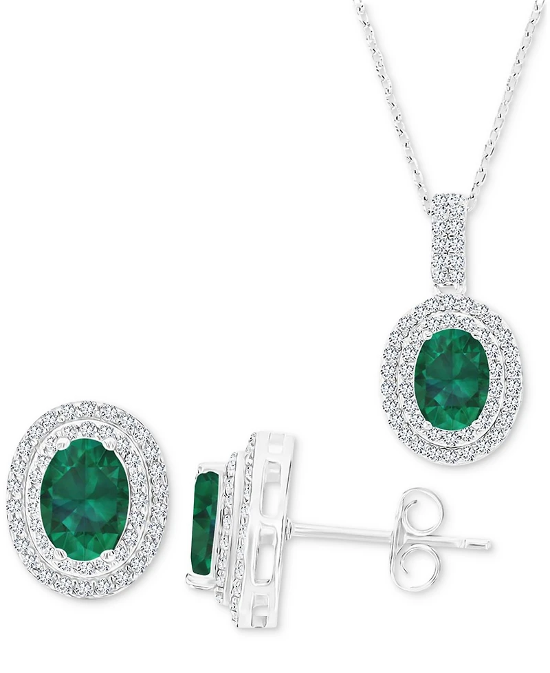 2-Pc. Set Lab-Grown Emerald (2-5/8 ct. t.w.) & Lab-Grown White Sapphire (1-1/10 ct. t.w.) Oval Halo Pendant Necklace & Matching Stud Earrings in Sterl