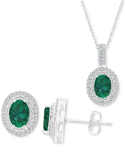 2-Pc. Set Lab-Grown Emerald (2-5/8 ct. t.w.) & Lab-Grown White Sapphire (1-1/10 ct. t.w.) Oval Halo Pendant Necklace & Matching Stud Earrings in Sterl