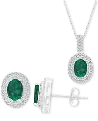 2-Pc. Set Lab-Grown Emerald (2-5/8 ct. t.w.) & Lab-Grown White Sapphire (1-1/10 ct. t.w.) Oval Halo Pendant Necklace & Matching Stud Earrings in Sterl