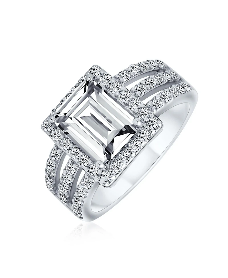 Bling Jewelry Art Deco Style 3CT Rectangle Cz Emerald Cut Halo Promise Ring Wide Band .925 Sterling Silver