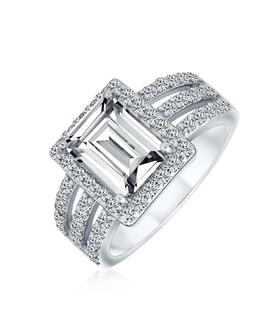 Bling Jewelry Art Deco Style 3CT Rectangle Cz Emerald Cut Halo Promise Ring Wide Band .925 Sterling Silver