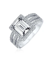Bling Jewelry Art Deco Style 3CT Rectangle Cz Emerald Cut Halo Promise Ring Wide Band .925 Sterling Silver