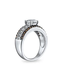 Bling Jewelry 3CTW Cz Two Tone Chocolate Brown Color Clear Round Solitaire Promise Ring 3 Row Wide Pave Band Silver Plated