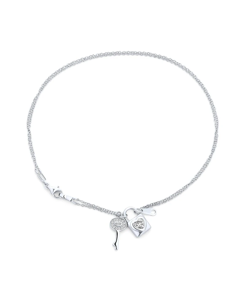 Bling Jewelry Cz Accent Heart Dangle Charm Lock Key Anklet Double Chain Ankle Bracelet Sterling Silver Adjustable 9 To 10 Inch With Extender
