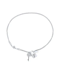Bling Jewelry Cz Accent Heart Dangle Charm Lock Key Anklet Double Chain Ankle Bracelet Sterling Silver Adjustable 9 To 10 Inch With Extender