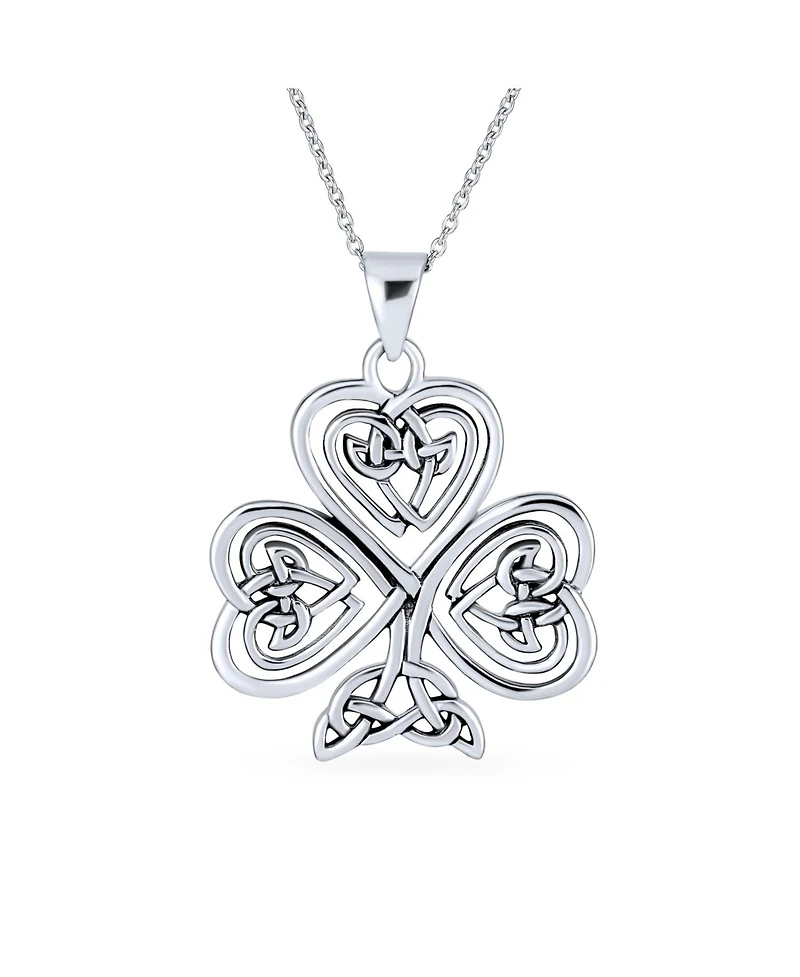 Bling Jewelry Saint Patrick's Large Lucky Irish Shamrock Celtic Spiral Heart Clover Pendant Necklace Oxidized Sterling Silver