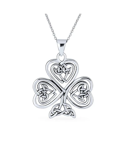 Bling Jewelry Saint Patrick's Large Lucky Irish Shamrock Celtic Spiral Heart Clover Pendant Necklace Oxidized Sterling Silver