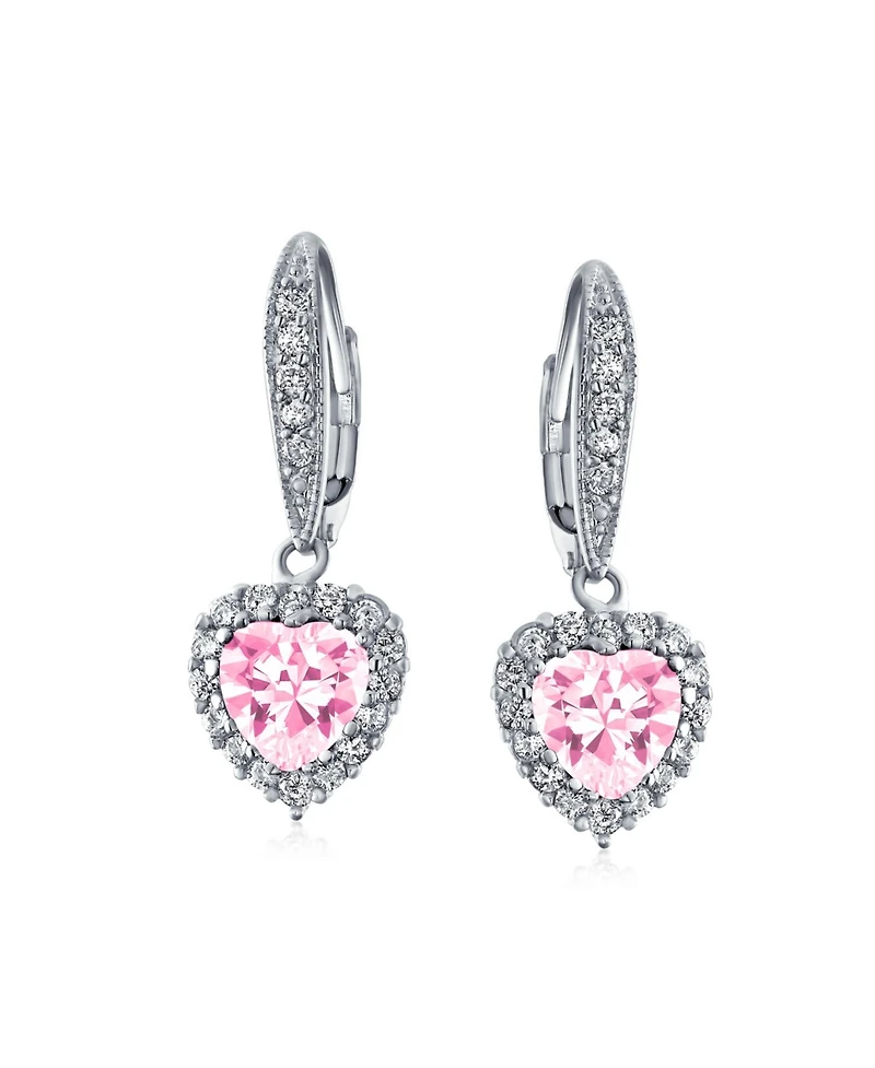 Bling Jewelry 4CT Cz Pink Halo Heart Shaped Cubic Zirconia Dangle Lever back Earrings Invisible Cut Rhodium Plated