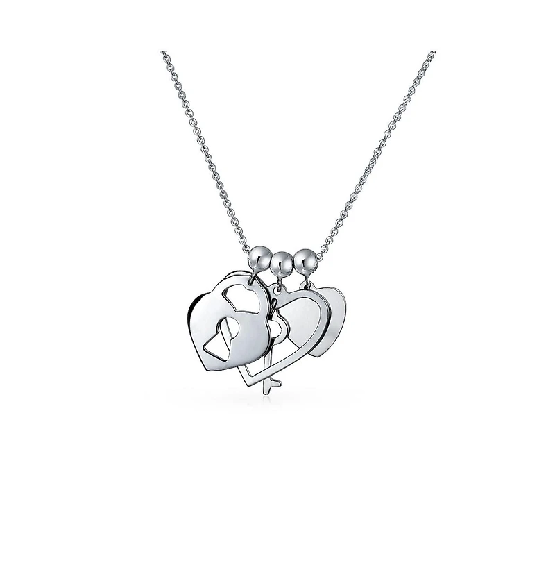Love Lock And Key Heart 3 Charm Pendant Necklace .925 Sterling Silver