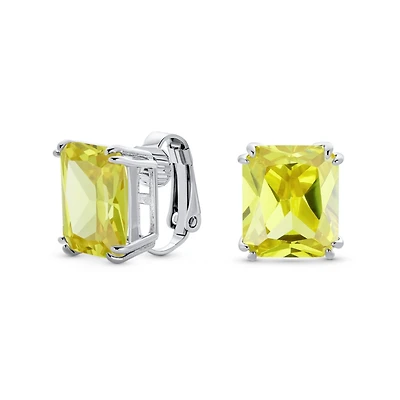 Bling Jewelry Rectangle Shape Statement 7CT Emerald Cut Cz Solitaire Clip On Stud Earrings Rhodium Plated Brass Non Pierced 14MM x 12MM