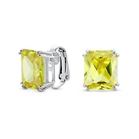 Bling Jewelry Rectangle Shape Statement 7CT Emerald Cut Cz Solitaire Clip On Stud Earrings Rhodium Plated Brass Non Pierced 14MM x 12MM