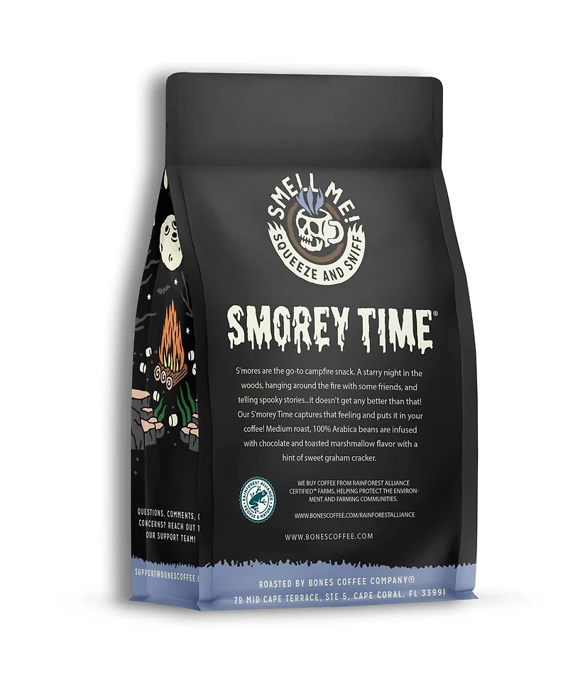 Bones Coffee Whole Bean Coffee | 12 oz Medium Roast Arabica Low Acid Flavored Coffee | S'mores and Graham Crackers Flavor Company