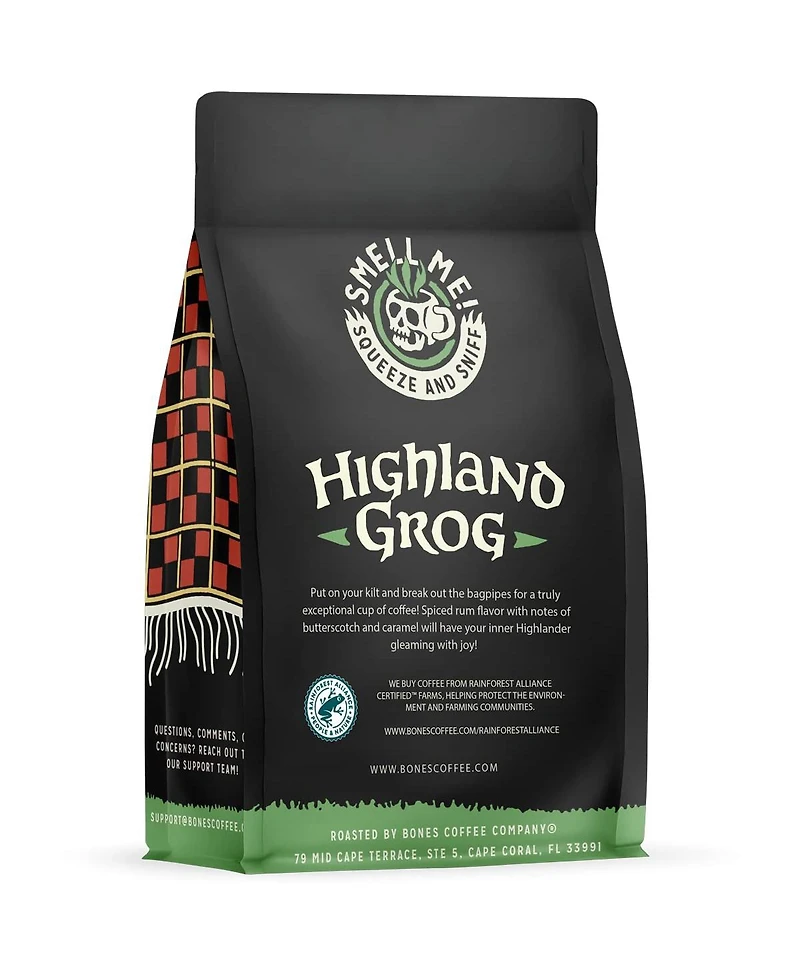 Bones Coffee Ground Coffee | 12 oz Medium Roast Arabica Low Acid Flavored Coffee | Coffee Butterscotch Caramel Flavor Company