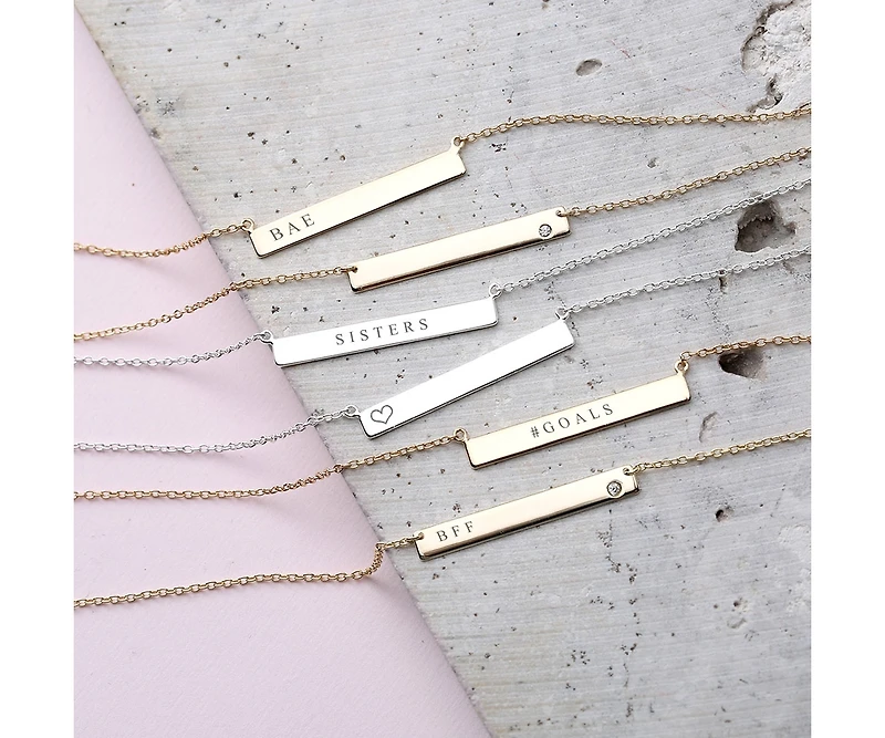 Bling Jewelry Horizontal Sideway Flat Bar Name Plated Pendant Necklace Gold Plated Sterling Silver With Crystal
