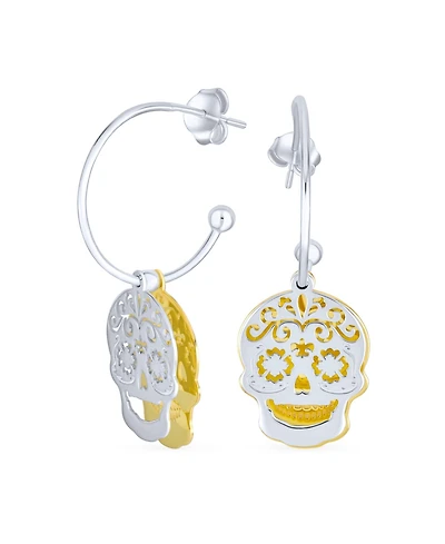 Bling Jewelry Dia de los Muertos Jewelry Caribbean Biker Halloween Pirate Skull Stud Hoop Earrings Two Tone Gold Plated Sterling Silver