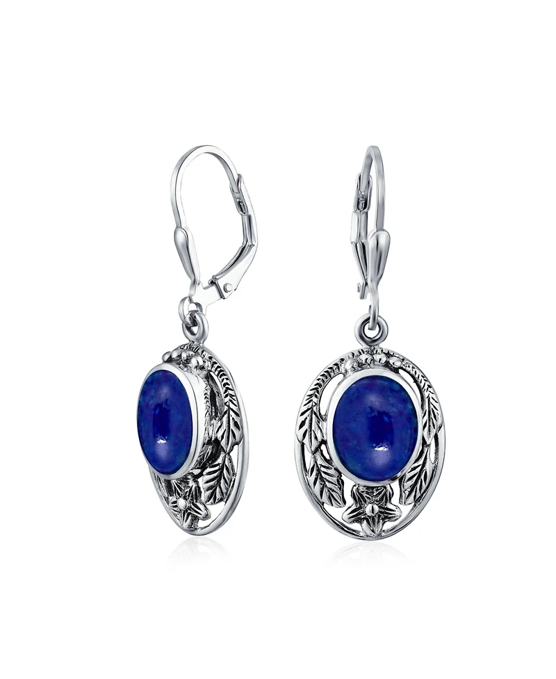 Bling Jewelry Oval Flower Leaf Carved Blue Synthetic Lapis Lazuli Lever back Earrings Oxidized Sterling Silver