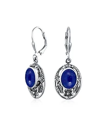 Bling Jewelry Oval Flower Leaf Carved Blue Synthetic Lapis Lazuli Lever back Earrings Oxidized Sterling Silver