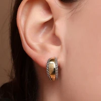 Bling Jewelry Lightweight Dome Round Caviar Bead Edge Two Tone Stud Hoop Earrings Gold Plated Sterling Silver .70 Inch Diameter