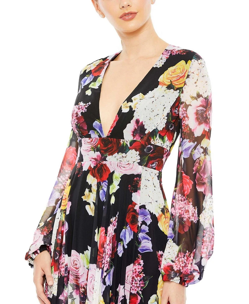 Women's Ieena Floral Print Illusion Long Sleeve V Neck Gown