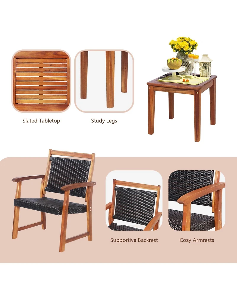 Sugift 3 Pieces Rattan Bistro Set with Acacia Wood Frame for Garden