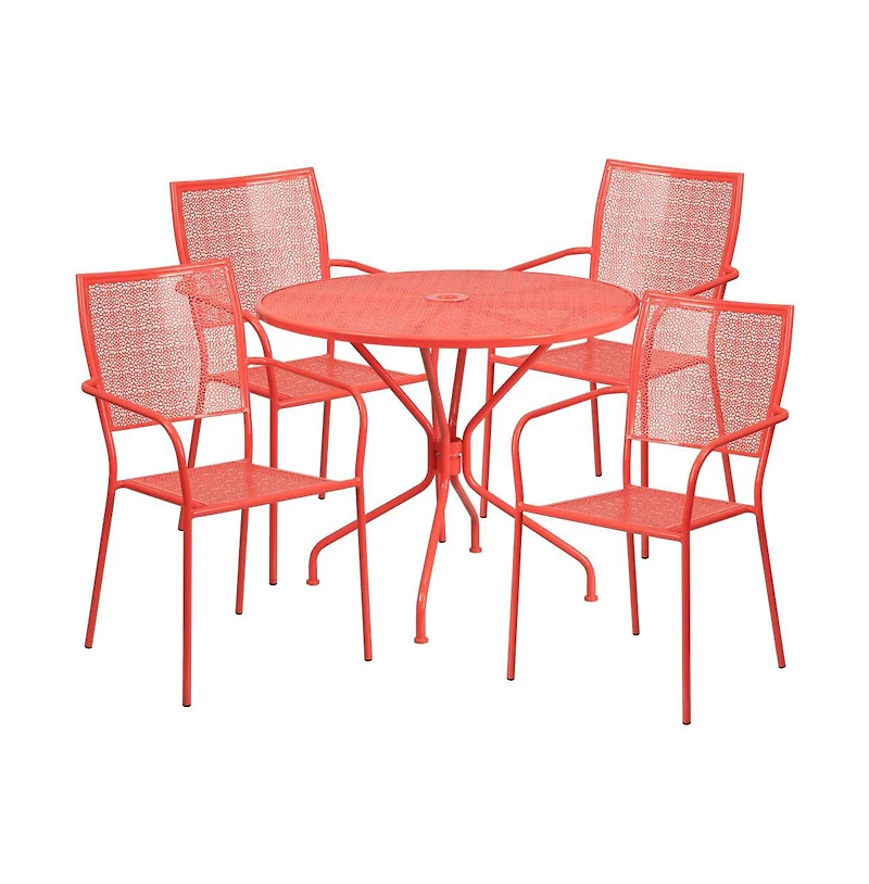 Commercial Grade 35.25" Round Metal Garden Patio Table Set, 4 Square Back Chairs