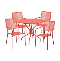 Commercial Grade 35.25" Round Metal Garden Patio Table Set, 4 Square Back Chairs