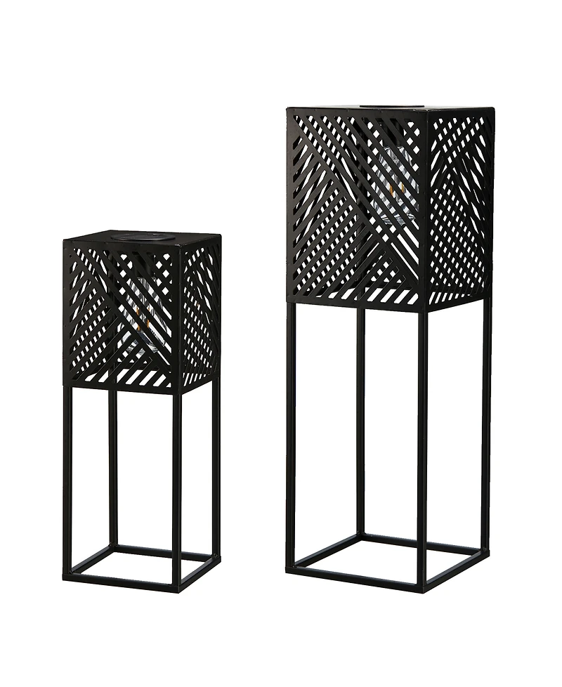 Glitzhome 23.75" H, 17.75" H Set of 2 Metal Stripes Geometric Solar Powered Edison Bulb Outdoor Floor Lantern or Planter Stands