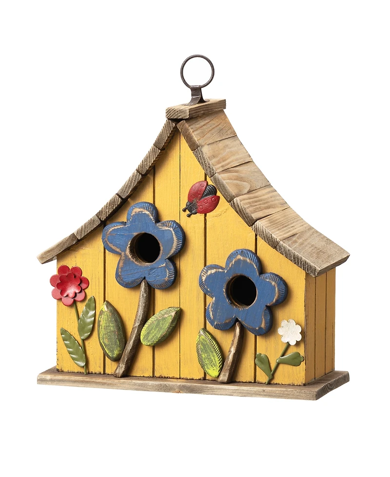 Glitzhome 10.5" H Washed Distressed Solid Wood Two-Story Townhouse Garden Birdhouse with 3D Flowers