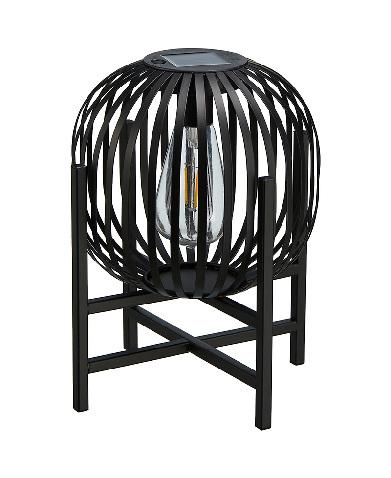 Glitzhome 11.50" H Set of 2 Black Metal Stripes Solar Powered Edison Bulb Outdoor Lantern with Stand