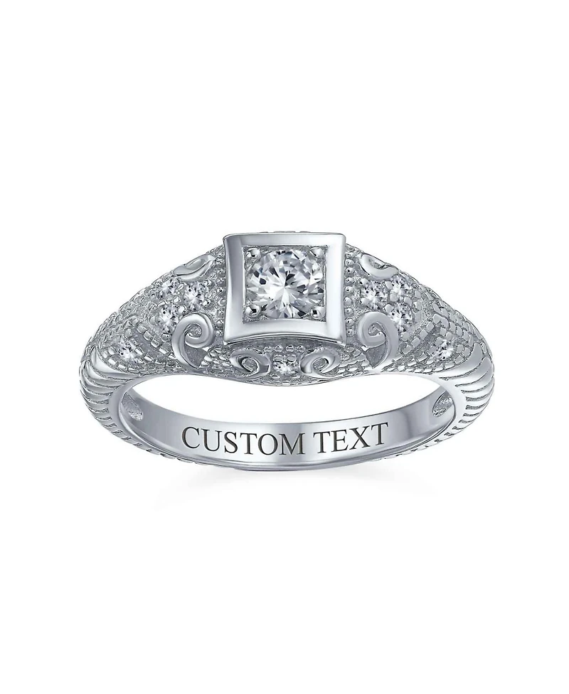 Bling Jewelry 1CT Deco Style Square Bezel Solitaire Round Cz Milgrain Promise Ring Sterling Silver