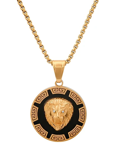 Steeltime Men's Two-Tone Stainless Steel Simulated Diamond Lion Head Greek Accent 24" Pendant Necklace