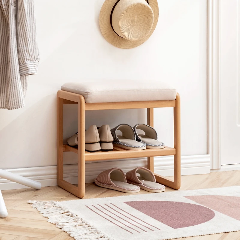 Simplie Fun Natural Solid Wood Shoe Bench, Beech Wood Storage Rack Organizer With High Rebound Sponge Cushion