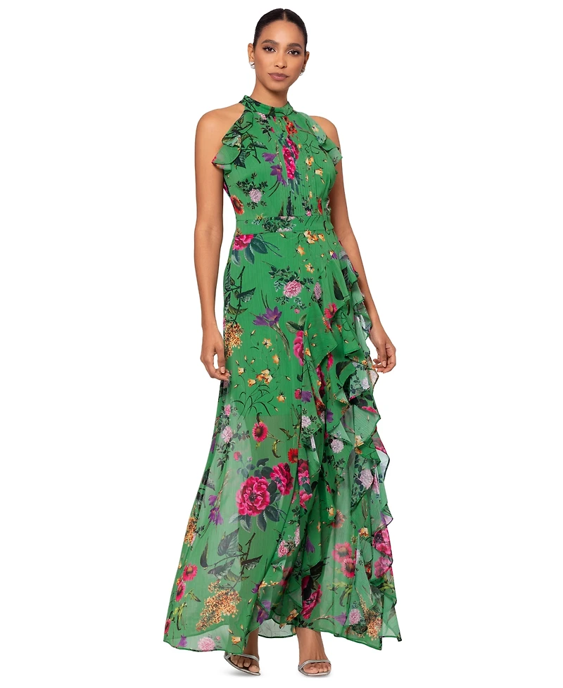 Betsy & Adam Petite Floral-Print Ruffled Halter Gown