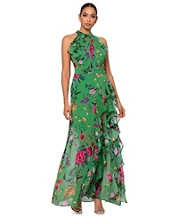 Betsy & Adam Petite Floral-Print Ruffled Halter Gown