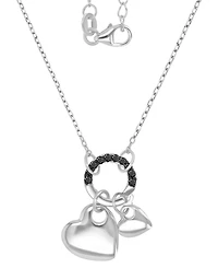 Black Spinel Double Heart & Ring Pendant Necklace (1/5 ct. t.w.) in Sterling Silver, 16" + 2" extender
