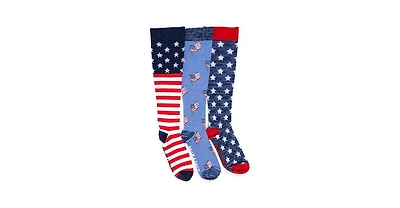 Muk Luks Men's Unisex 3 Pack Nylon Compression Knee-High Socks, Red/White/Blue, One Size