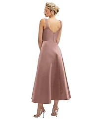 Square Neck Satin Midi Dress with Full Skirt & Pockets