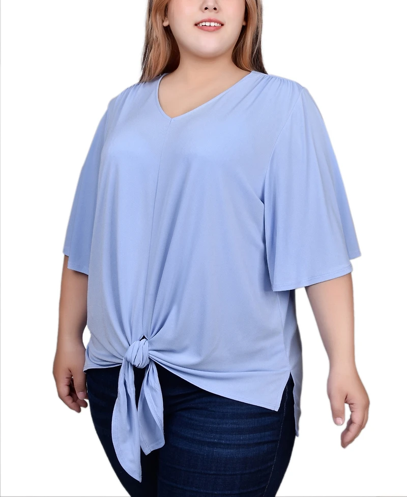 Ny Collection Plus Elbow Sleeve Tie-Front Top